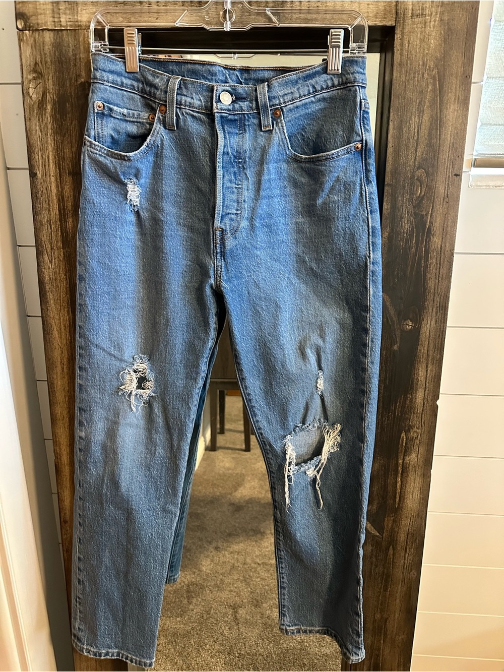 Levi’s 501 Jeans W28 L26 Women Distressed Ripped Button Fly Straight Leg Blue